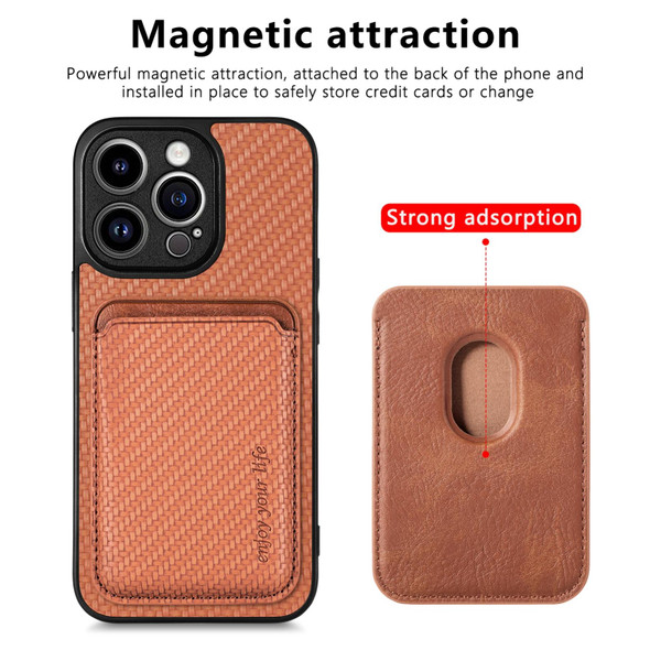 For iPhone 13 Pro Max Carbon Fiber Leatherette Card Magsafe Magnetic Phone Case(Brown)