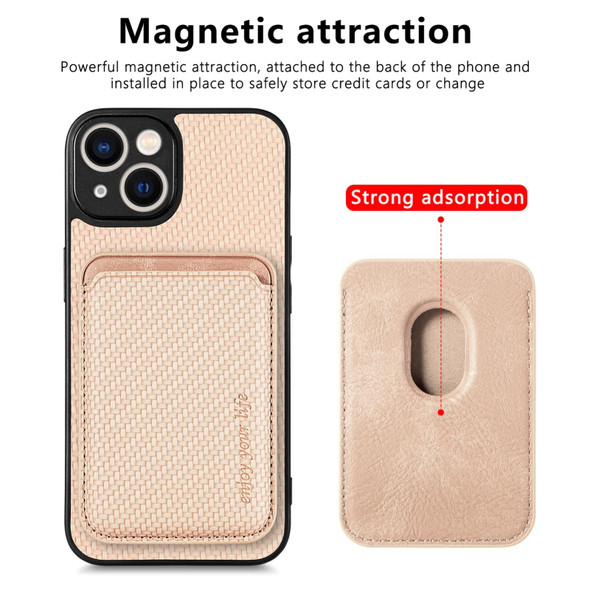 For iPhone 13 Carbon Fiber Leatherette Card Magsafe Magnetic Phone Case(Khaki)