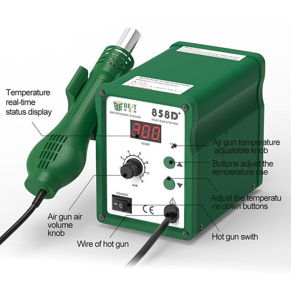 BEST BST-858D+ AC 220V 50Hz 650W LED Displayer Adjustable Temperature Unleaded Hot Air Gun with Helical Wind(Green)