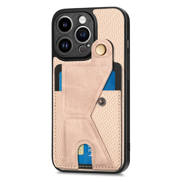 For iPhone 13 Pro Max Carbon Fiber Wallet Flip Card K-shaped Holder Phone Case(Khaki)