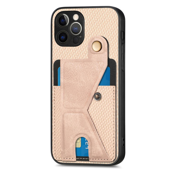 For iPhone 12 Pro Carbon Fiber Wallet Flip Card K-shaped Holder Phone Case(Khaki)