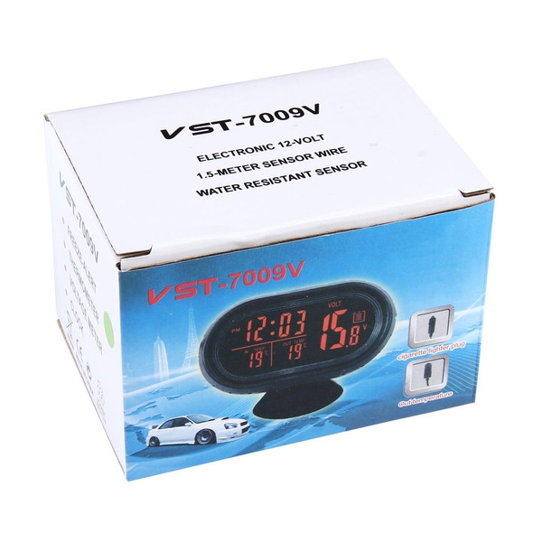 VST-7009V 4 In 1 Digital Car Thermometer Voltage Meter Luminous Clock Tester Detector LCD Monitor Back light(Blue Light)