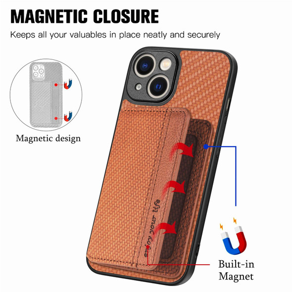 For iPhone 14 Carbon Fiber Magnetic Card Bag Phone Case(Brown)