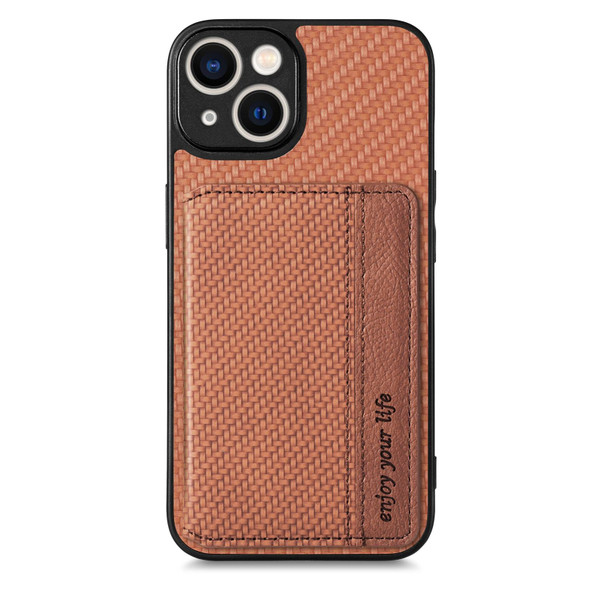 For iPhone 13 Carbon Fiber Magnetic Card Bag Phone Case(Brown)