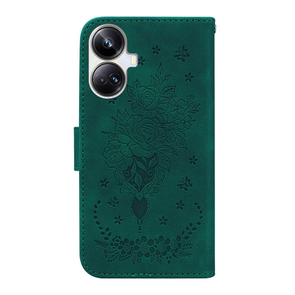 For Realme 10 Pro+ Butterfly Rose Embossed Leatherette Phone Case(Green)