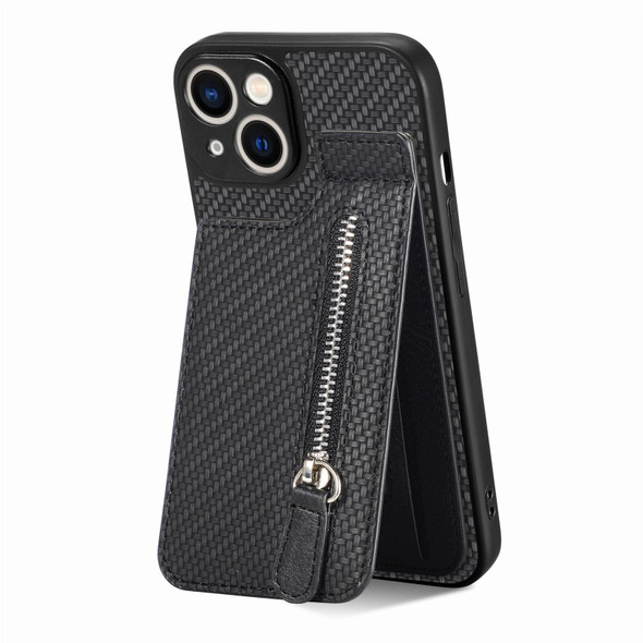 For iPhone 14 Carbon Fiber Vertical Flip Zipper Phone Case(Black)