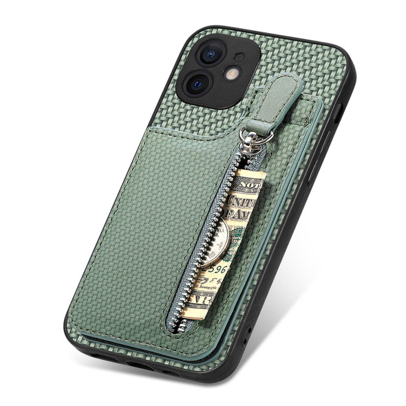 For iPhone 12 Carbon Fiber Vertical Flip Zipper Phone Case(Green)