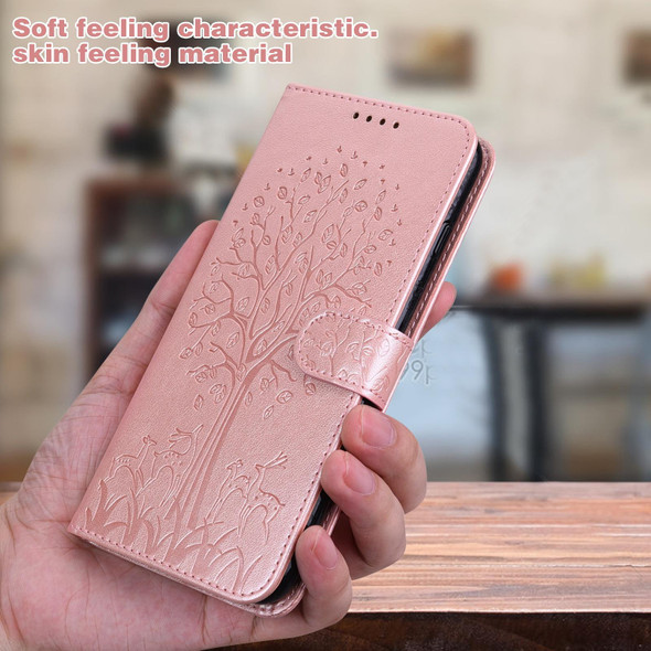 For Samsung Galaxy A34 5G Tree & Deer Pattern Pressed Printing Horizontal Flip Leatherette Phone Case(Pink)