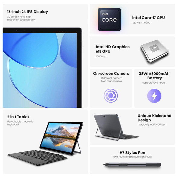 CHUWI UBook XPro Tablet PC, 13 inch, 8GB+256GB, Windows 10 Intel Core i7 CPU up to 3.6GHz, Support TF Card & Dual Band WiFi & BT, without Keyboard (Black+Gray)