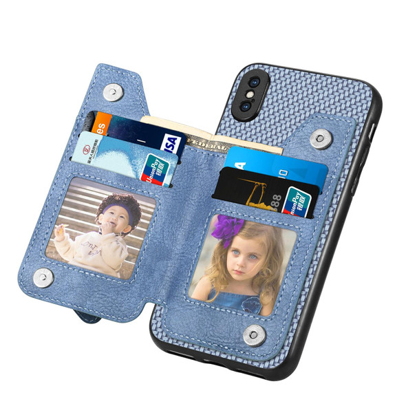 For iPhone XS Max Carbon Fiber Horizontal Flip Zipper Wallet Phone Case(Blue)