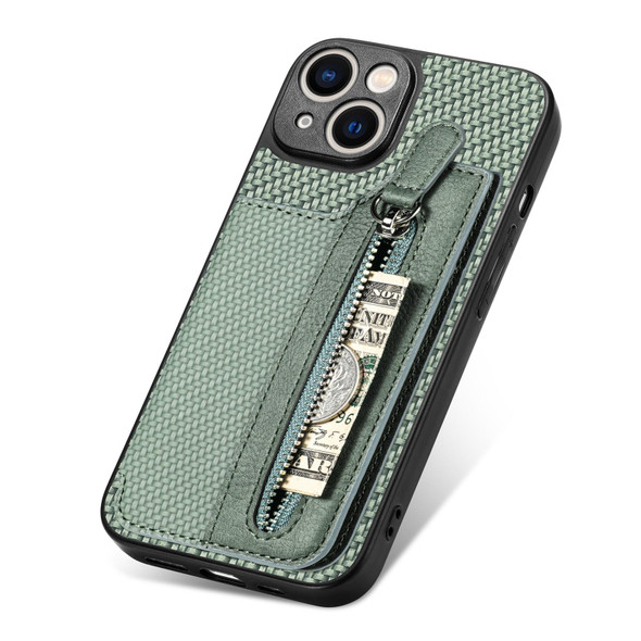 For iPhone 13 mini Carbon Fiber Horizontal Flip Zipper Wallet Phone Case(Green)