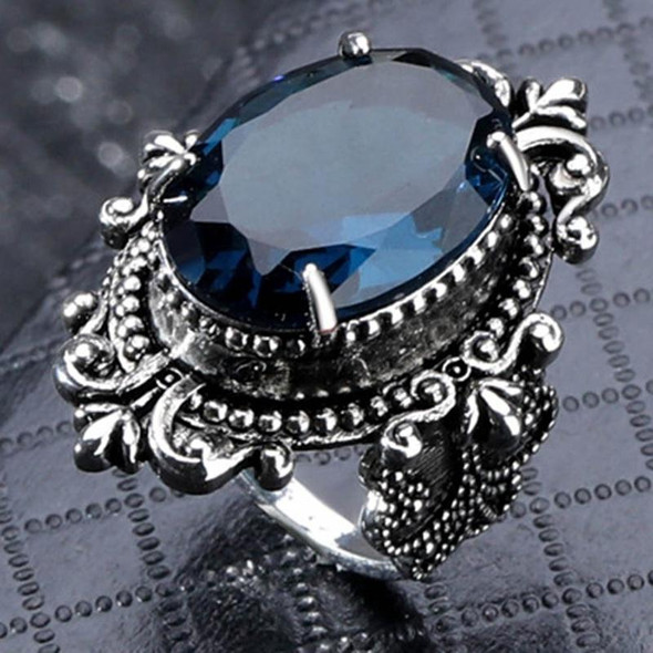 925 Silver Vintage Goose Egg-shaped Sea Blue Topaz Ring, Ring Size:9