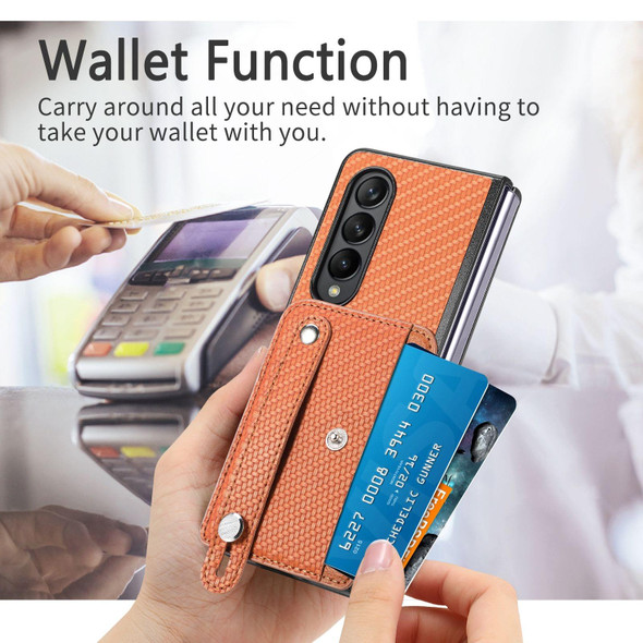 For Samsung Galaxy Z Fold3 Wristband Kickstand Card Wallet Back Cover Phone Case(Brown)