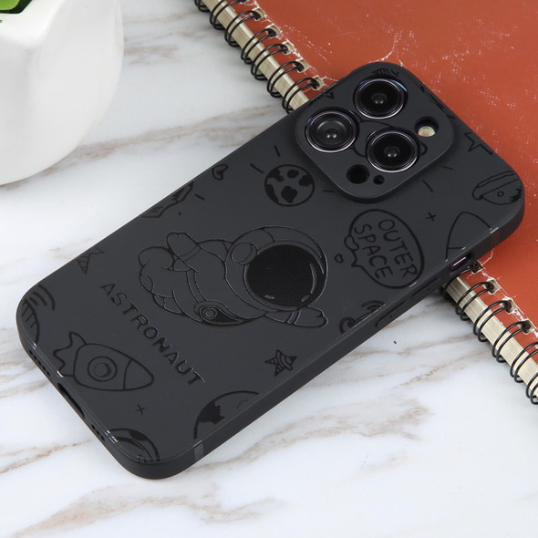 For iPhone 14 Pro Max Astronaut Pattern Silicone Straight Edge Phone Case(Flying Astronaut-Black)