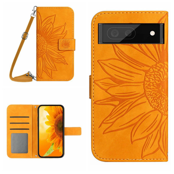 For Google Pixel 7A Skin Feel Sun Flower Pattern Flip Leatherette Phone Case with Lanyard(Yellow)