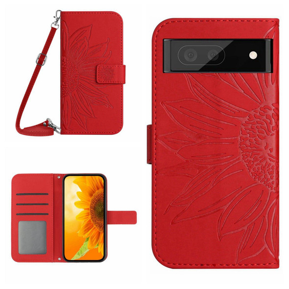 For Google Pixel 7A Skin Feel Sun Flower Pattern Flip Leatherette Phone Case with Lanyard(Red)