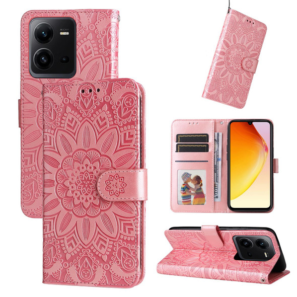 For vivo V25 5G/V25e 4G Embossed Sunflower Leather Phone Case(Rose Gold)