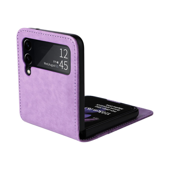 For Samsung Galaxy Z Flip3 5G Embossed Sunflower Leatherette Phone Case(Purple)