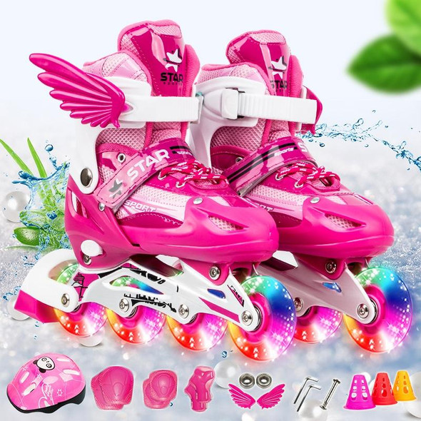 Adjustable Children Full Flash Single Four-wheel Roller Skates Skating Shoes Set, Size : M (Pink)