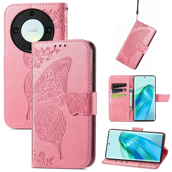 For Honor X9a Butterfly Love Flower Embossed Leatherette Phone Case(Pink)