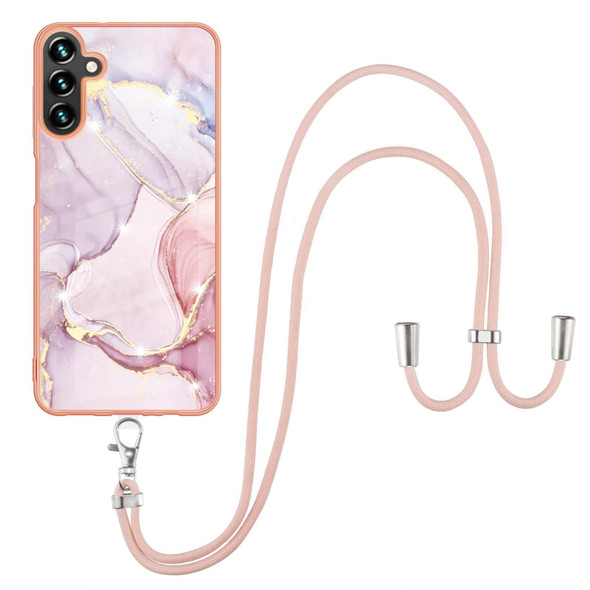 For Samsung Galaxy A34 5G Electroplating Marble IMD TPU Phone Case with Lanyard(Rose Gold 005)