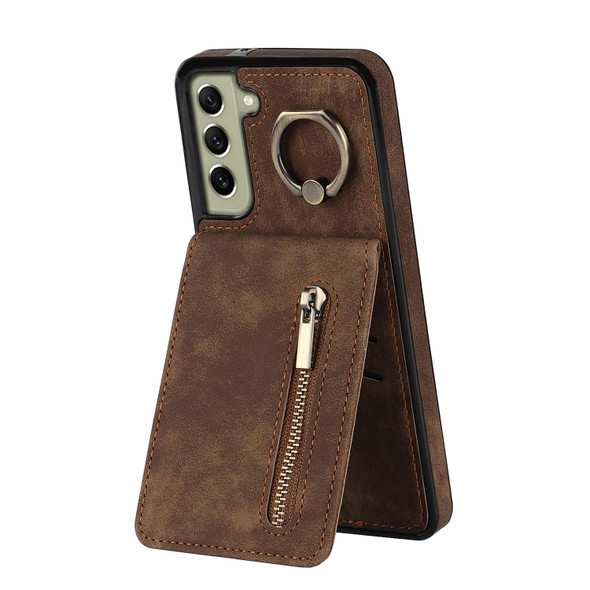 For Samsung Galaxy S22 5G Retro Ring and Zipper RFID Card Slot Phone Case(Brown)