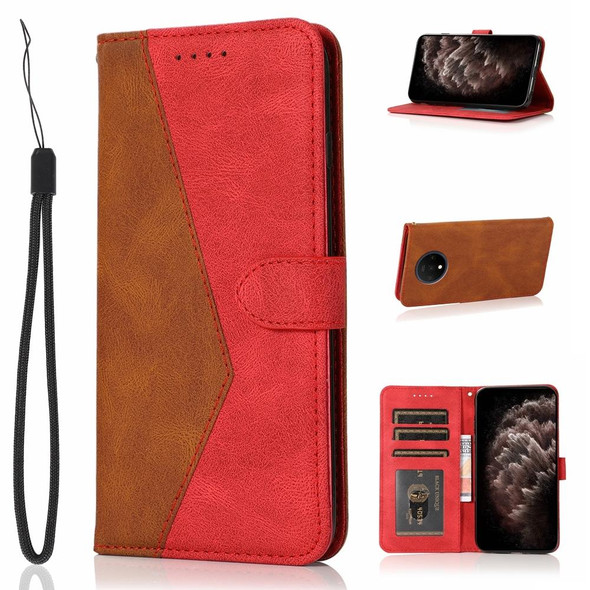 For OnePlus 7T Dual-color Stitching Leatherette Phone Case(Brown Red)