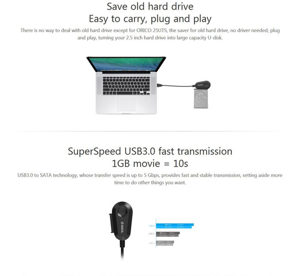 ORICO 25UTS USB 3.0 to SATA Hard Drive Adapter Cable for 2.5 inch SATA HDD / SSD