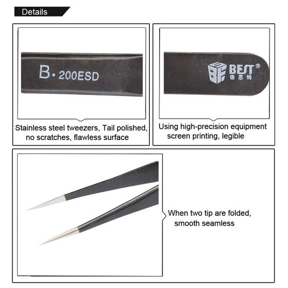 BEST BST-200ESD 202 Stainless Steel Anti-static Tip Tweezers