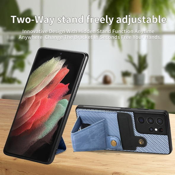 For Samsung Galaxy S21 Ultra 5G Carbon Fiber Wallet Flip Card K-shaped Holder Phone Case(Blue)