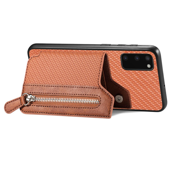 For Samsung Galaxy S20 Carbon Fiber Horizontal Flip Zipper Wallet Phone Case(Brown)