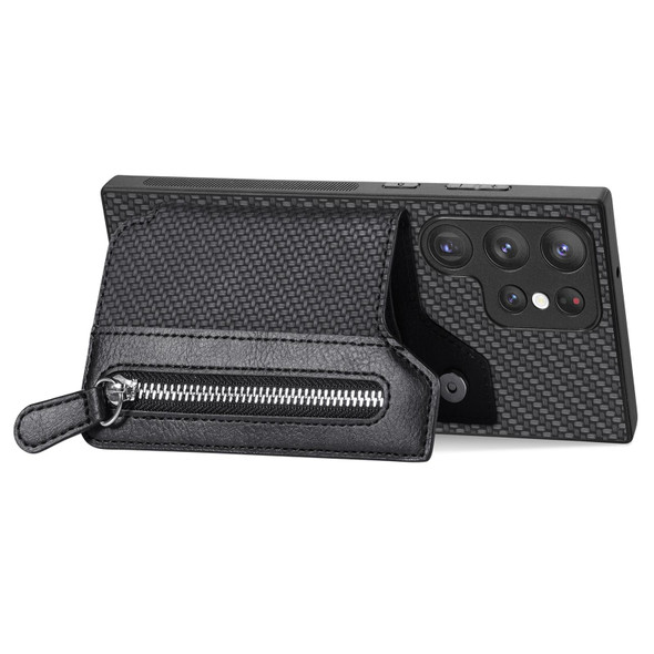 For Samsung Galaxy S22 Ultra 5G Carbon Fiber Horizontal Flip Zipper Wallet Phone Case(Black)