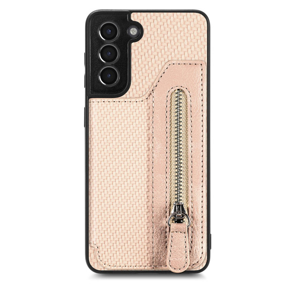 For Samsung Galaxy S21+ 5G Carbon Fiber Horizontal Flip Zipper Wallet Phone Case(Khaki)