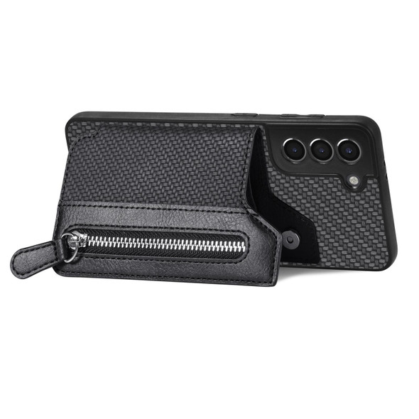 For Samsung Galaxy S21 5G Carbon Fiber Horizontal Flip Zipper Wallet Phone Case(Black)