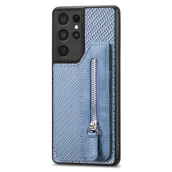 For Samsung Galaxy S21 Ultra 5G Carbon Fiber Horizontal Flip Zipper Wallet Phone Case(Blue)