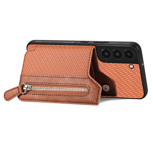 For Samsung Galaxy S22+ 5G Carbon Fiber Horizontal Flip Zipper Wallet Phone Case(Brown)