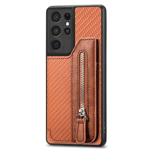 For Samsung Galaxy S21 Ultra 5G Carbon Fiber Horizontal Flip Zipper Wallet Phone Case(Brown)