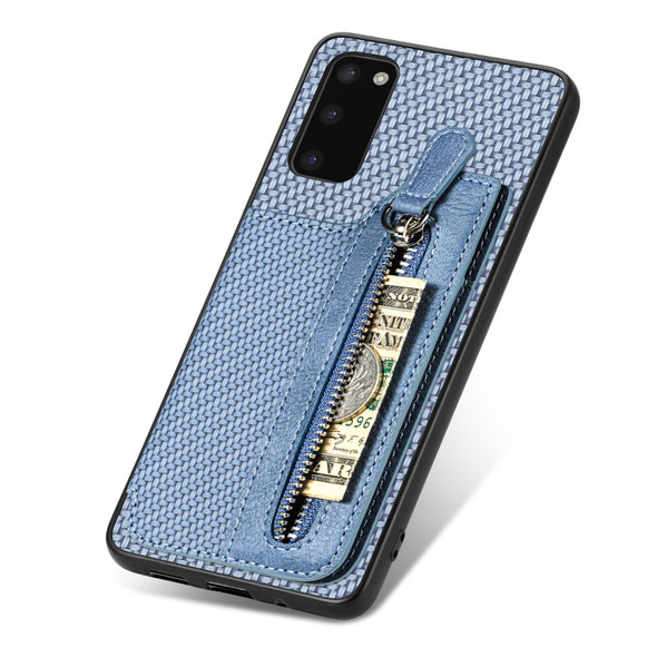 For Samsung Galaxy S20+ Carbon Fiber Horizontal Flip Zipper Wallet Phone Case(Blue)