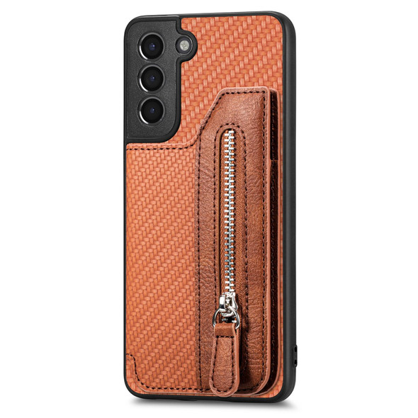 For Samsung Galaxy S21+ 5G Carbon Fiber Horizontal Flip Zipper Wallet Phone Case(Brown)