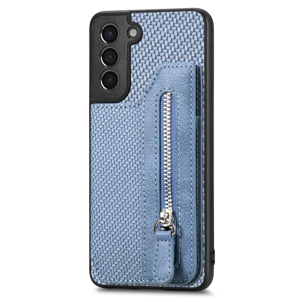 For Samsung Galaxy S21 5G Carbon Fiber Horizontal Flip Zipper Wallet Phone Case(Blue)