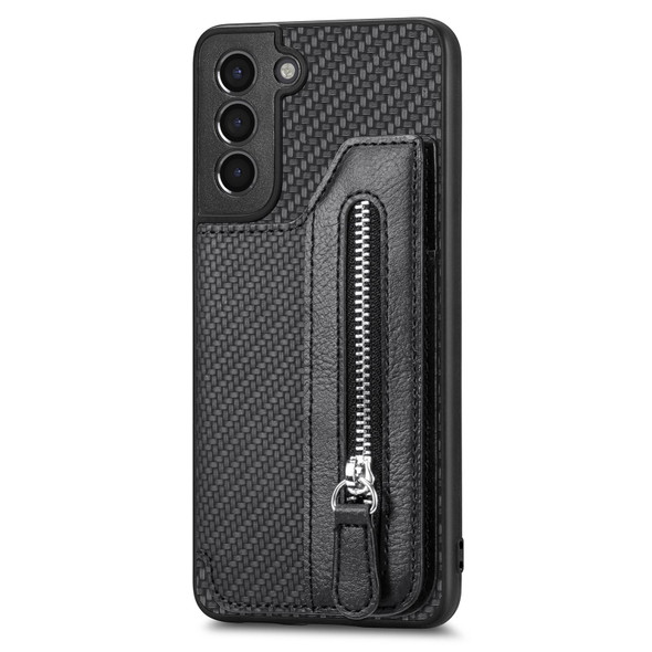 For Samsung Galaxy S21+ 5G Carbon Fiber Horizontal Flip Zipper Wallet Phone Case(Black)