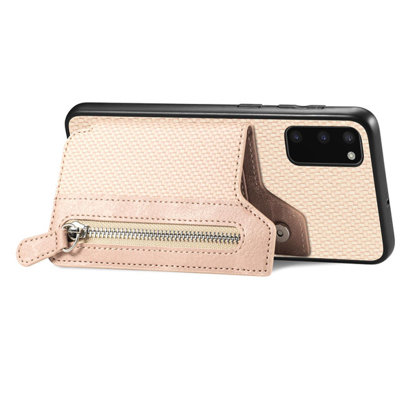 For Samsung Galaxy S20 Carbon Fiber Horizontal Flip Zipper Wallet Phone Case(Khaki)