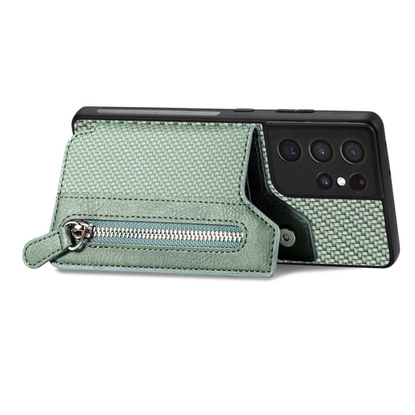 For Samsung Galaxy S21 Ultra 5G Carbon Fiber Horizontal Flip Zipper Wallet Phone Case(Green)