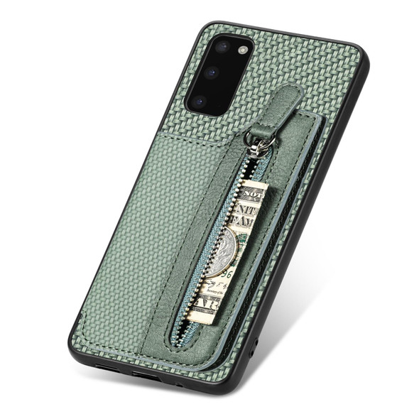 For Samsung Galaxy S20 Carbon Fiber Horizontal Flip Zipper Wallet Phone Case(Green)