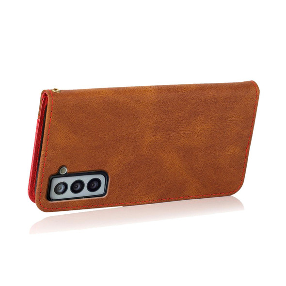 For Samsung Galaxy S21 5G Dual-color Stitching Leatherette Phone Case(Brown Red)