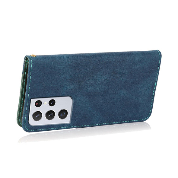 For Samsung Galaxy S21 Ultra 5G Dual-color Stitching Leatherette Phone Case(Blue Green)