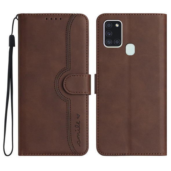 For Samsung Galaxy A21s Heart Pattern Skin Feel Leatherette Phone Case(Brown)