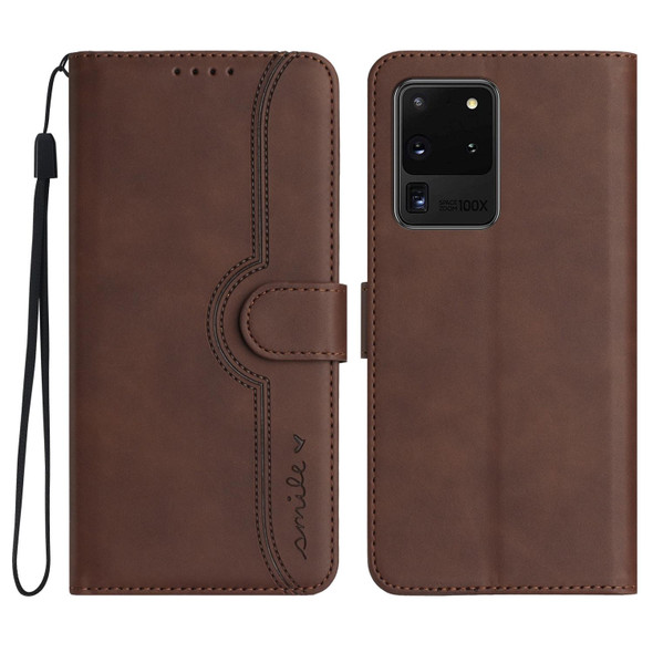 For Samsung Galaxy S20 Ultra Heart Pattern Skin Feel Leatherette Phone Case(Brown)