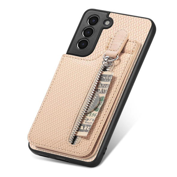 For Samsung Galaxy S21+ 5G Carbon Fiber Vertical Flip Zipper Wallet Phone Case(Khaki)