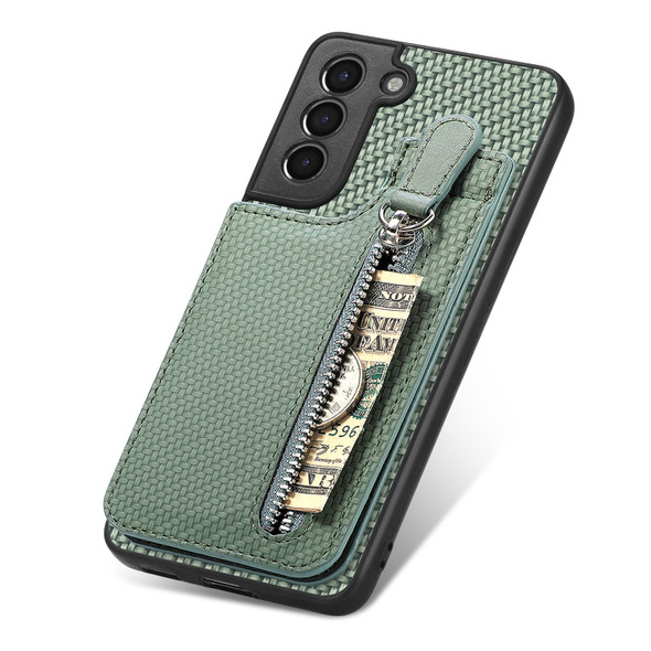For Samsung Galaxy S21 5G Carbon Fiber Vertical Flip Zipper Wallet Phone Case(Green)